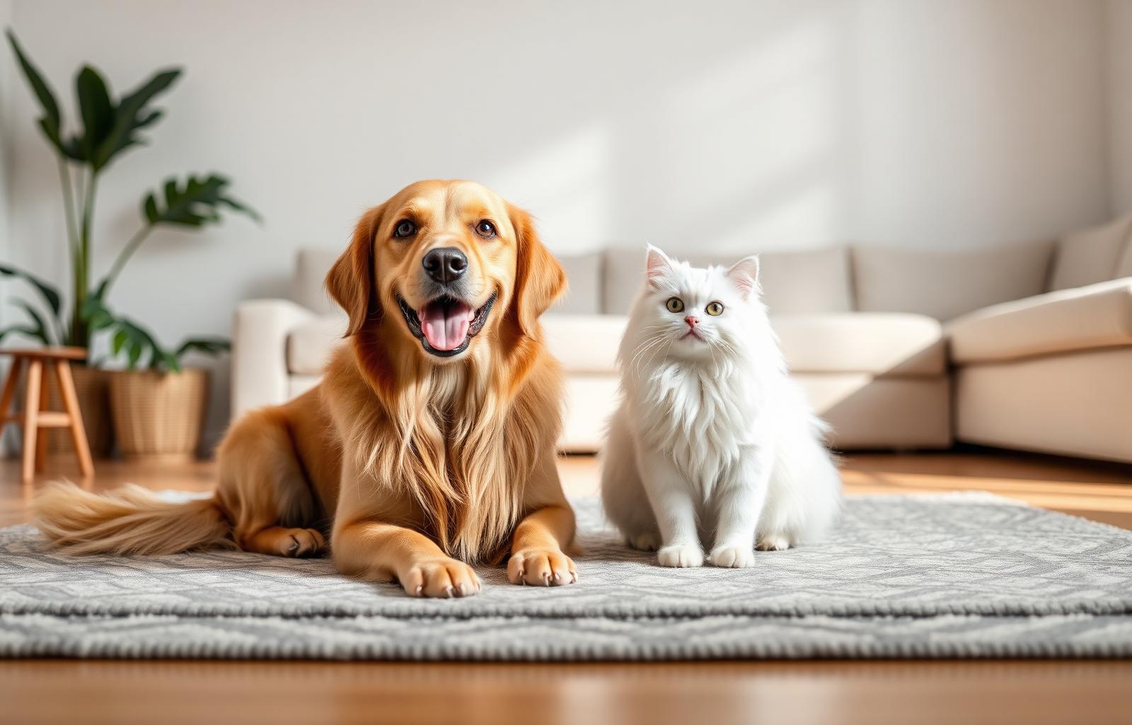 Happy golden retriever and white cat together